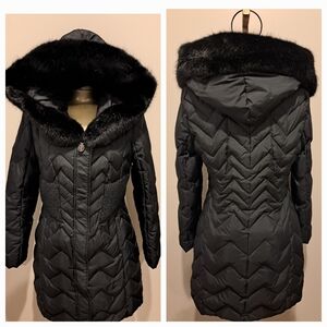 T. Tahari Black Faux Fur Hooded Trimmed  Puffer Down Blend Coat